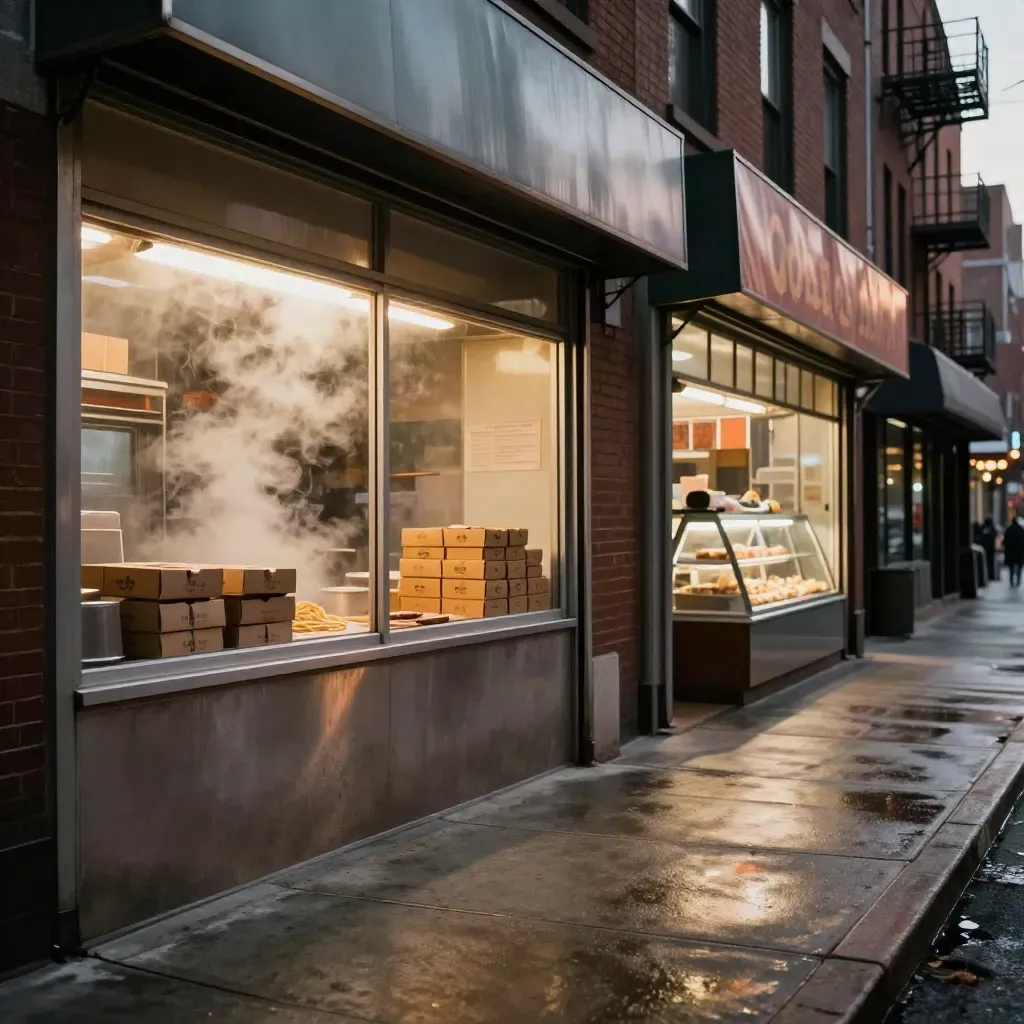 Steam-lit Lower East Side food storefronts with pizza, noodles, and dessert at night