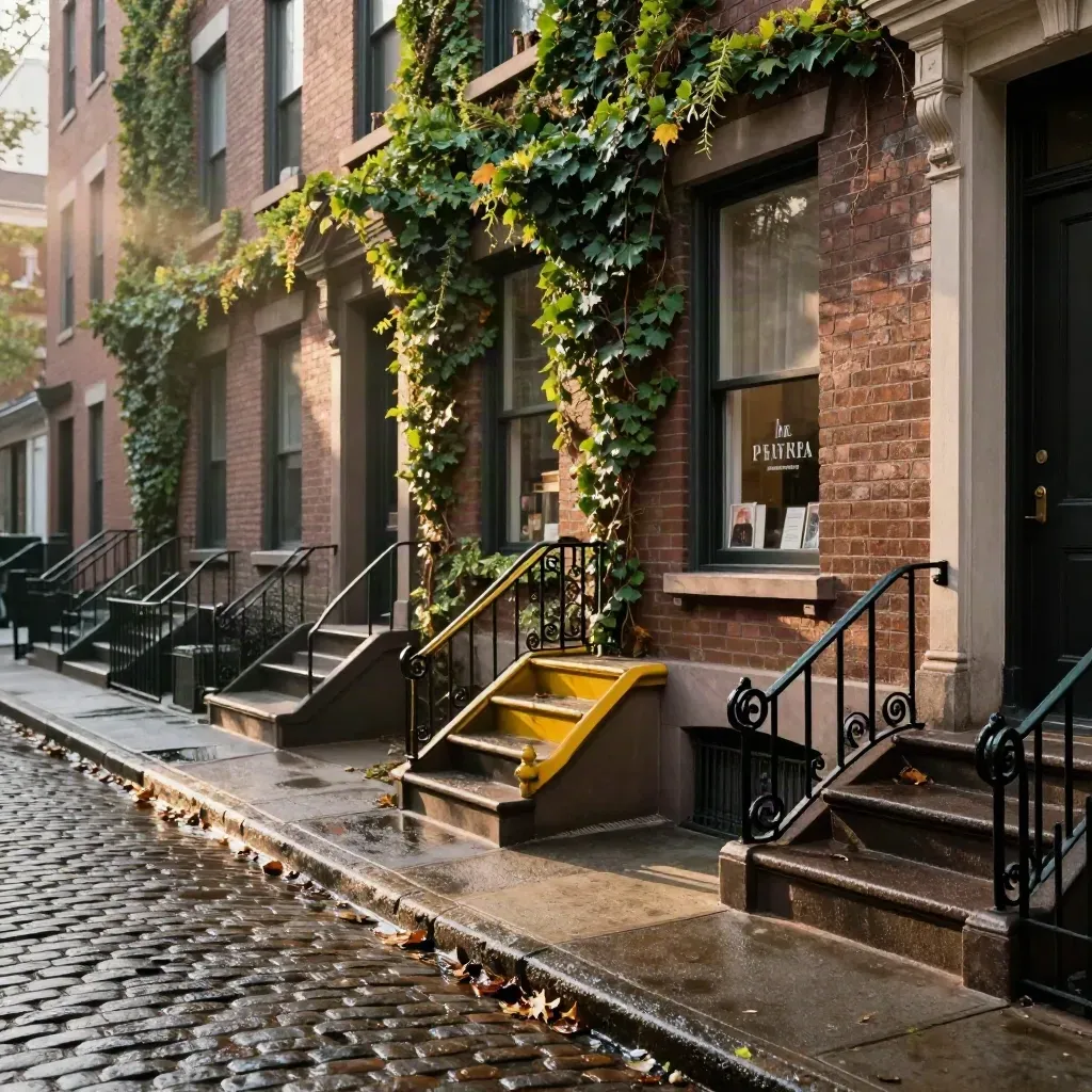 Wet Greenwich Village stoops and cobblestones in late sun, with ivy and a blurred bookshop window.